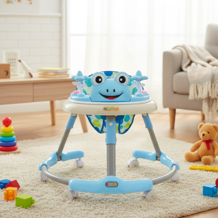 Premergatoare si antemergatoare bebe - Premergator Interactiv pentru Bebelusi, Pliabil, cu Lumini, Muzica si Panou de Activitati, Model Broscuta Vesela, ALBASTRU