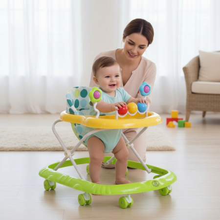 Premergatoare si antemergatoare bebe - Premergator Interactiv pentru Bebelusi, Reglabil, cu Roti din Silicon si Panou cu Activitati, Verde/Galben