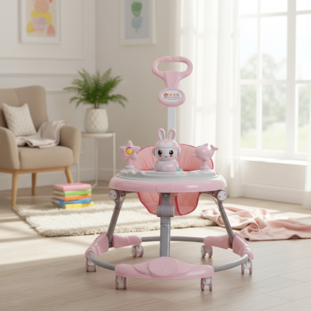 Premergatoare si antemergatoare bebe - Premergator Multifunctional 3 in 1 pentru Bebelusi, Pliabil, cu Maner pentru Parinte, Muzica si Jucarii Interactive, Model Iepure, ROZ