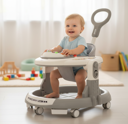 Premergatoare si antemergatoare bebe - Premergator Multifunctional 4 in 1, cu Maner de Impins, Centru de Activitati cu Lumini, Muzica si Tavita Gustari, GRI