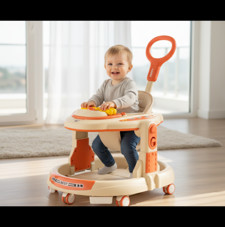 Premergatoare si antemergatoare bebe - Premergator Multifunctional 4 in 1, cu Maner de Impins, Centru de Activitati cu Lumini, Muzica si Tavita Gustari, PORTOCALIU
