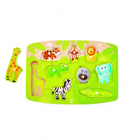 Jocuri si jucarii educative pentru bebe - Puzzle din lemn cu butoni - Animale din Jungla