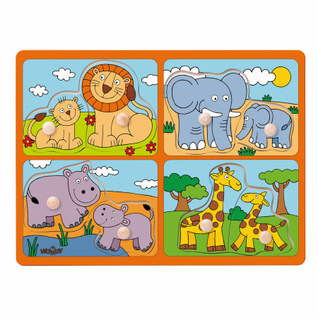 Copii 3 ani+ - Puzzle din lemn cu butoni - Animale salbatice si puii lor