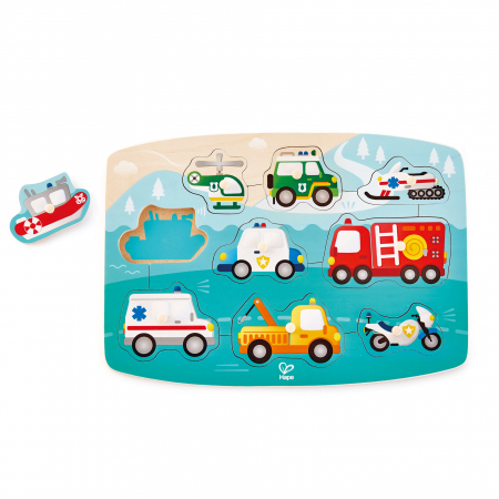 Jocuri si jucarii educative pentru bebe - Puzzle din lemn cu butoni - Autovehicule de interventie