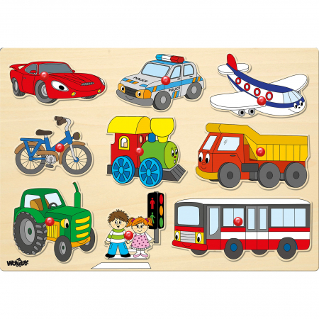 Jocuri si jucarii educative pe varsta - Puzzle din lemn cu butoni - Mijloace de transport