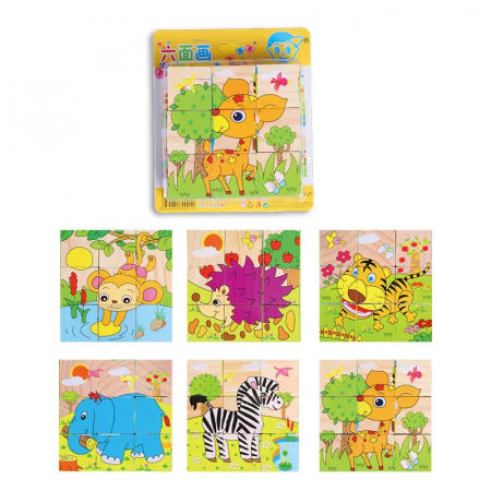 Copii 3 ani+ - Puzzle din lemn cuburi - Animalute
