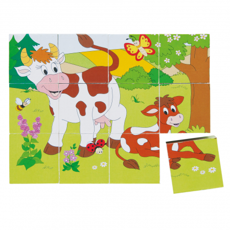 Jocuri si jucarii educative pe varsta - Puzzle din lemn cuburi - Ferma 3 x 4