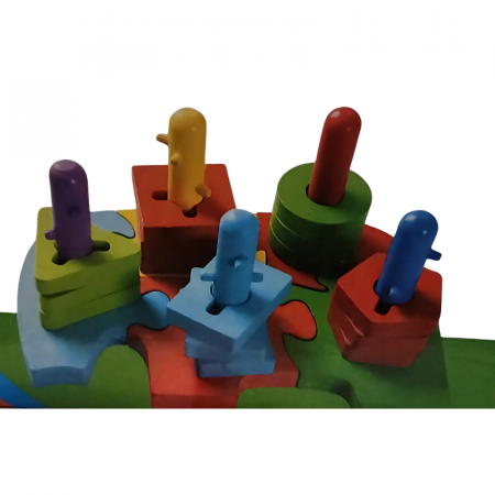 Jucarii din lemn - Puzzle Elefant 2 in 1 cu Potrivire Forme Geometrice