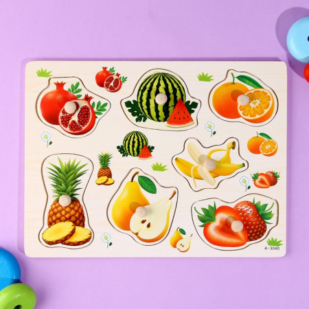 Copii 3 ani+ - Puzzle Incastru Din Lemn Cu Fructe Cu Buton Si Imagini, 30x22 cm