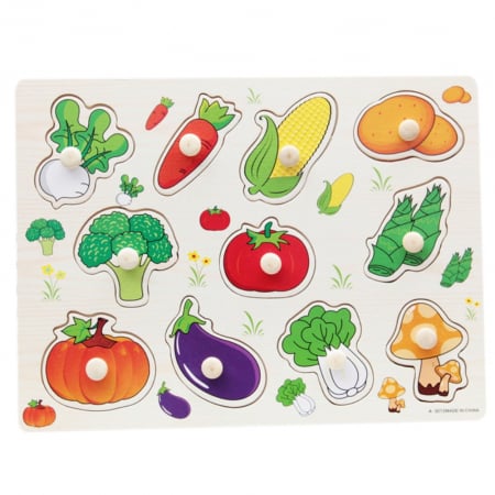 Copii 3 ani+ - Puzzle Incastru Din Lemn Cu Legume Cu Buton Si Imagini, 30x22 cm