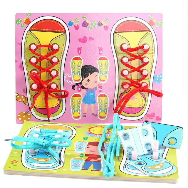 Copii 3 ani+ - Puzzle Incastru din Lemn pentru Copii, Invatam sa Legam Sireturile