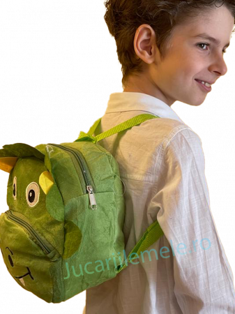 Articole pentru scoala si gradinita - Rucsac din plus de tip ghiozdanel pentru copii Verde cu Dinozaurul Vesel