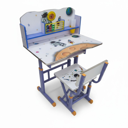 Mobilier pentru copii - Set Birou si Scaunel pentru Copii din Lemn MDF, Model Astronaut si Spatiu Cosmic, cu Abac si Ceas