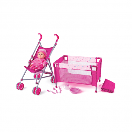 Jucarii copii si bebe - Set cu papusa, carucior, pat si accesorii