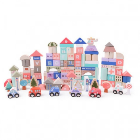 Jucarii copii si bebe - Set cuburi de constructii creative Ecotoys HM015220, din lemn, 115 blocuri