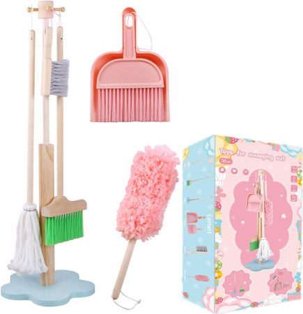 Copii 3 ani+ - Set Curățenie Copii - Mop, Faras, Pămătuf de Praf, Mătură și Suport