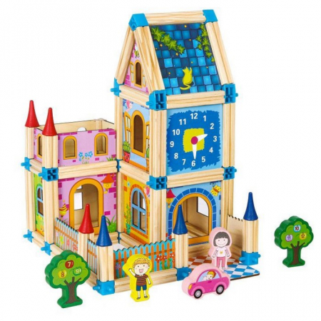 Jucarii copii si bebe - Set de constructii casa 6 in 1 din blocuri din lemn Ecotoys MA429