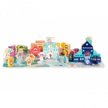 Jocuri de indemanare si dexteritate - Set educational cu blocuri din lemn si covoras, 121 piese, City Ecotoys MA802