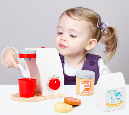 Jucarii si jocuri interactive pe varsta - Set Montessori din Lemn, Espressor de Cafea cu Accesorii
