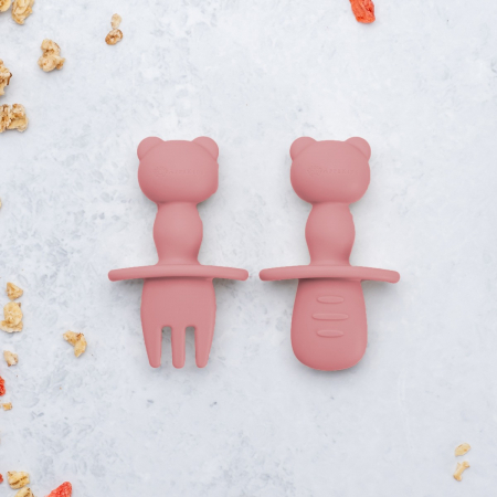 Pentru Bebe - Set Tacamuri din silicon, AppeKids, The Little Bear - Old Rose