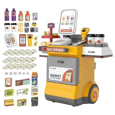 Copii 4 ani+ - Supermarket de Jucarie pentru Copii, Set 48 Piese, Casa de Marcat, Scanner cu Lumini si Sunete, Portocaliu