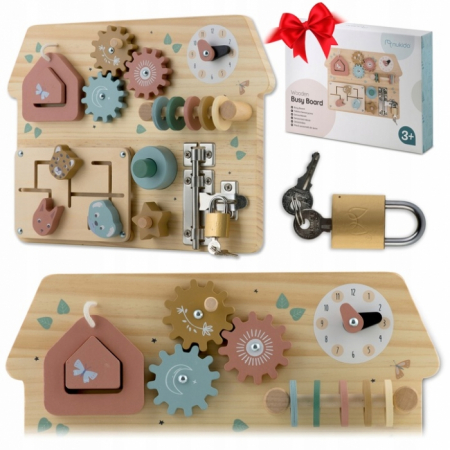 Jucarii copii si bebe - Tabla educationala din lemn cu diverse activitati, 32.5 x 24 cm, Nukido NK-859