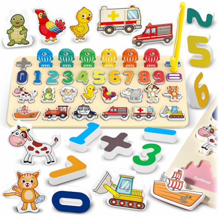 Jucarii copii si bebe - Tabla educativa din lemn cu cifre, animale si vehicule Ricokids 781400 