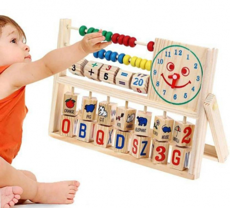 Tablita educativa din lemn Montessori multifunctionala cu socotitoare, litere, ceas, fructe, animale, Multicolor. [2]