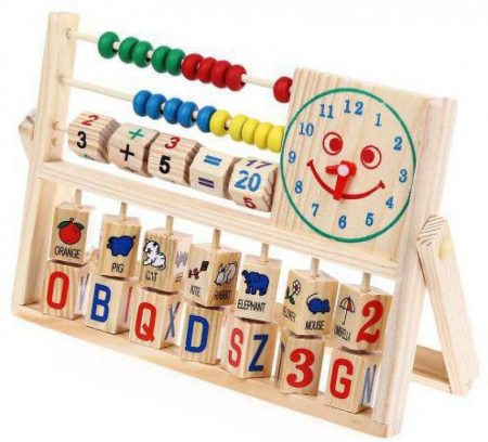 Copii 5 ani+ - Tablita educativa din lemn Montessori multifunctionala cu socotitoare, litere, ceas, fructe, animale, Multicolor.
