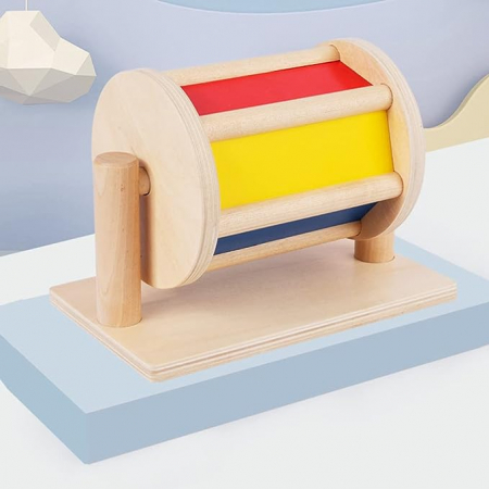 Jucarii din lemn - Tambur rotativ din lemn, jucarie Montessori, multicolor, cu clopotei.