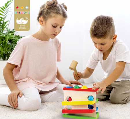 Copii 3 ani+ - Traseu pentru bile cu ciocanel din lemn - Jucarie Motricitate si Coordonare
