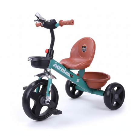 Triciclete - Tricicleta Clasica pentru Copii, cu Claxon si Cosuri de Depozitare pentru Jucarii, Verde/Maro