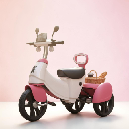 Masinute si vehicule pentru copii - Tricicleta cu Pedale pentru Copii, Design Scuter Vintage, Muzica, Lumini, Spatiu de depozitare, ROZ/ALB