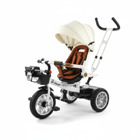 Jucarii de exterior - Tricicleta Evolutiva 4 in 1 pentru Copii, cu Spatar Reglabil, Copertina si Maner Parental, Sezut Rotativ, Alb/Maro