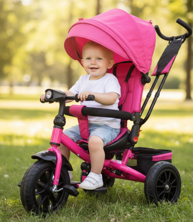 Jucarii de exterior - Tricicleta Evolutiva 4 in 1 cu Scaun Reversibil, Maner Parental, 8 Luni+, Roz Aprins