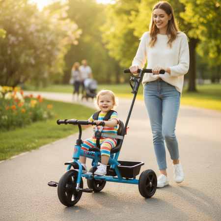 Triciclete - Tricicleta pentru Copii cu Maner Parental si Centura de Siguranta, Jucarie de Exterior cu Cos Depozitare, ALBASTRU