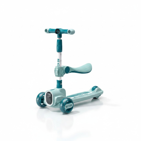 Jucarii de exterior - Trotineta Evolutiva 2 in 1 pentru Copii, cu Scaun, Muzica, Lumini si Sistem Pliabil, Turcoaz/Alb