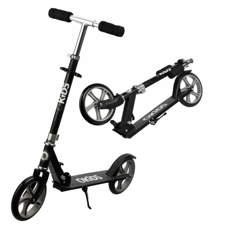 Jucarii si jocuri interactive pe varsta - Trotineta freestyle, QKIDS, WEISS Black, Ghidon reglabil pe 3 trepte, Amortizor Easy&Up, Platforma anti-derapanta, Pliabila, Aluminiu
