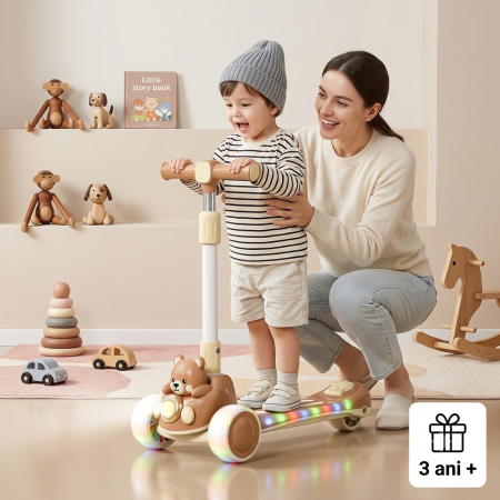 Copii 6 ani+ - Trotineta Pentru Copii Cu 3 Roti, Lumini LED, Muzica, Ghidon Reglabil, Ursulet MARO, 3 ani +