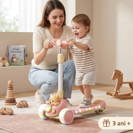 Copii 6 ani+ - Trotineta Pentru Copii Cu 3 Roti, Lumini LED, Muzica, Ghidon Reglabil, Ursulet ROZ, 3 ani +
