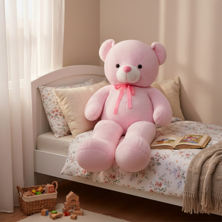 Ursi de plus - Urs de Plus Moale si Pufos cu Fundita Fuchsia, pentru Bebelusi, Copii si Adulti, ROZ FLAMINGO