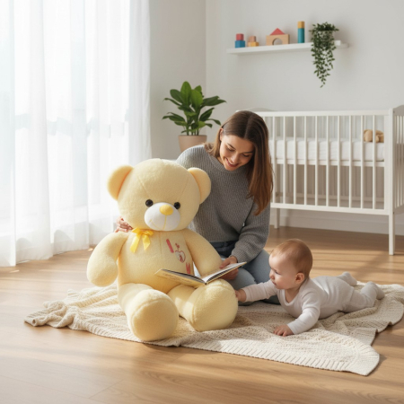 Ursulet de Plus 85 CM Catifelat si Delicat cu Inima si Fundita, GALBEN [1]