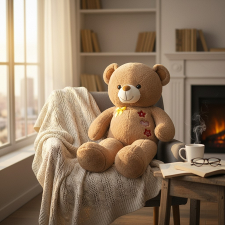 Ursi de plus - Ursulet de Plus Crem cu Fundita Galbena, cu text „I Love You” Brodat pe Piept, BEJ 100 cm