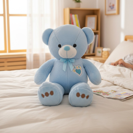 Jucarii de plus mari - Ursulet de Plus cu Fundita Pastel, Broderie pe Piept „Sweet Love”, BLEU 100 cm