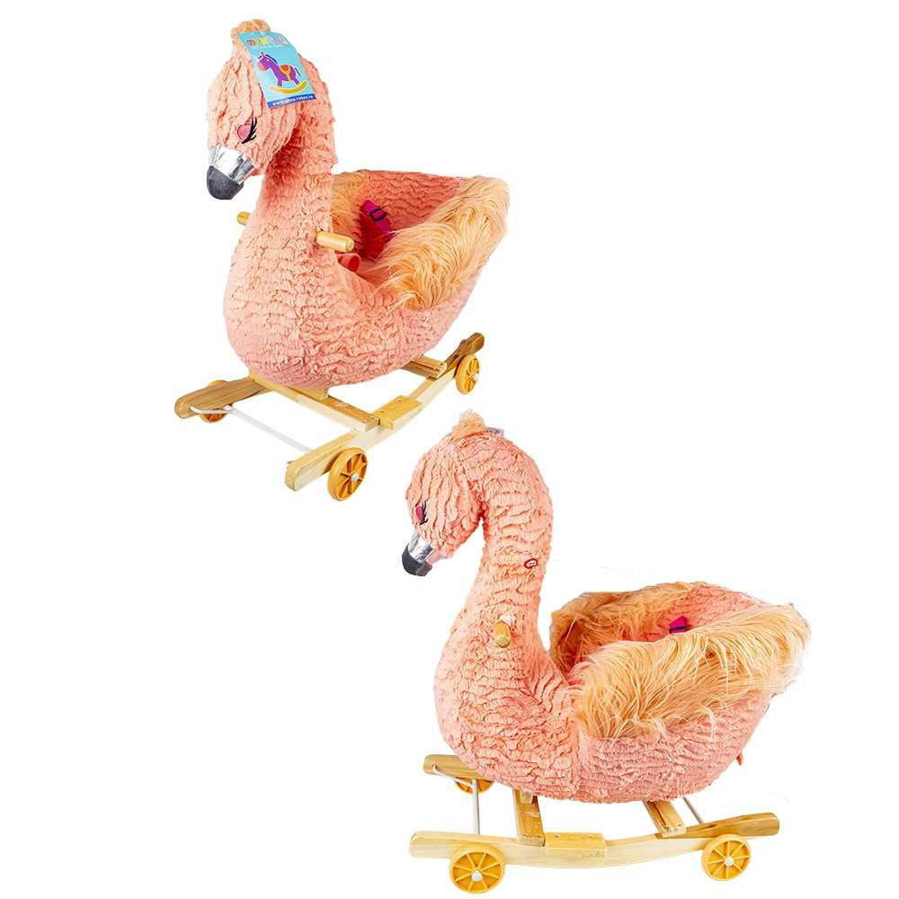Balansoar pentru bebelusi, Flamingo, lemn + plus, cu rotile, roz, 66 cm [3]