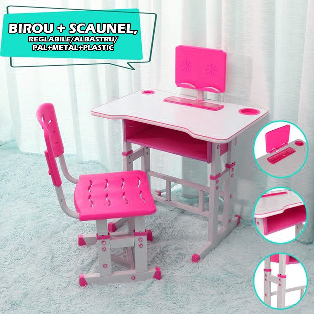Birou + scaunel, reglabile/roz/PAL+metal+plastic [4]