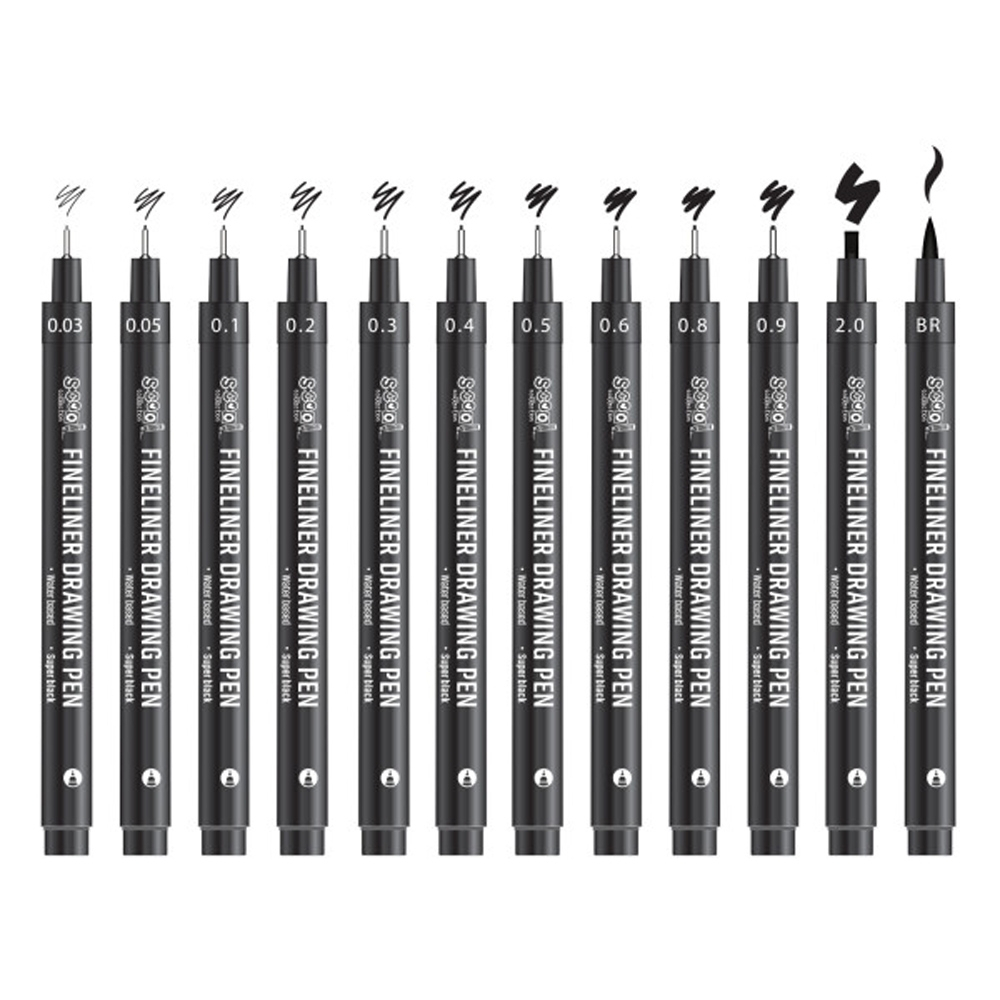 Fineliner, diferite dimensiuni 0.03-2 mm + varf tip pensula, 12 buc/set - S-COOL [4]