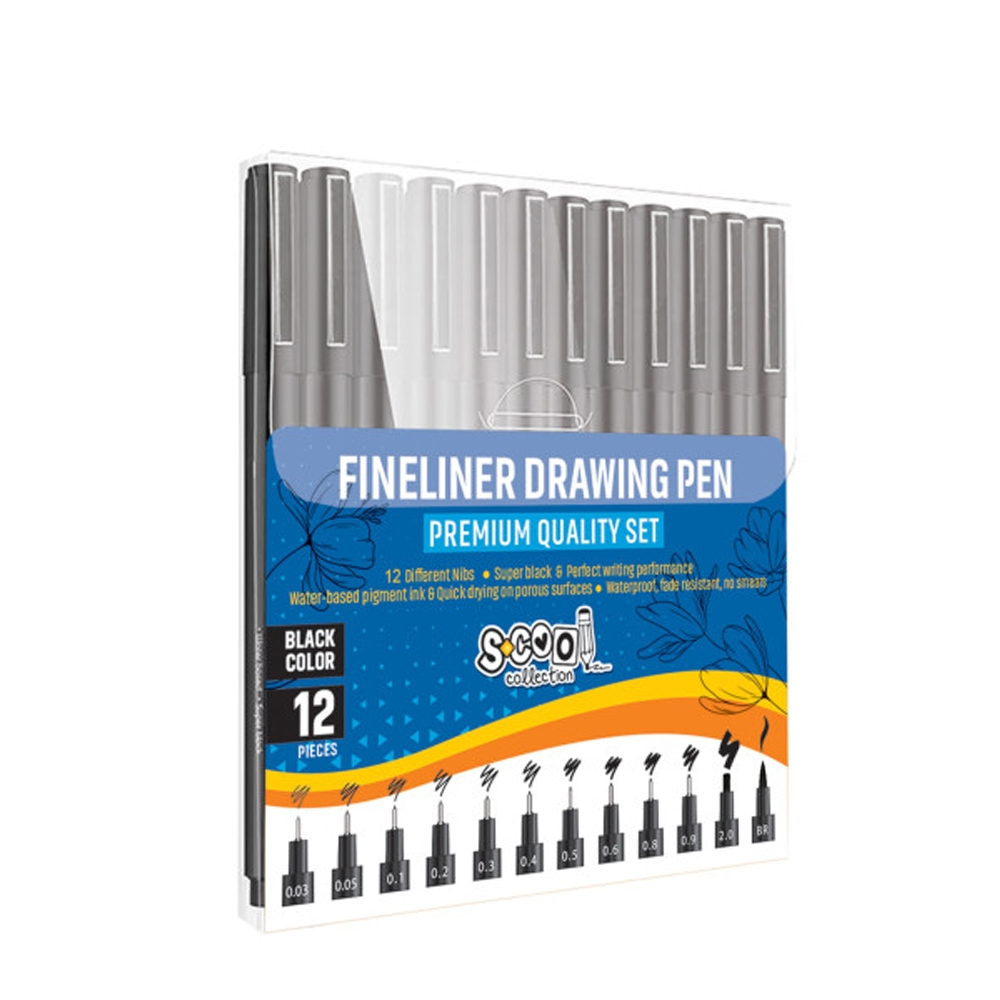 Fineliner, diferite dimensiuni 0.03-2 mm + varf tip pensula, 12 buc/set - S-COOL [5]