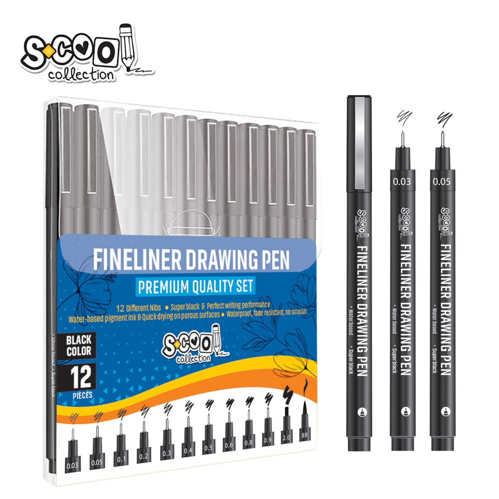Fineliner, diferite dimensiuni 0.03-2 mm + varf tip pensula, 12 buc/set - S-COOL [1]