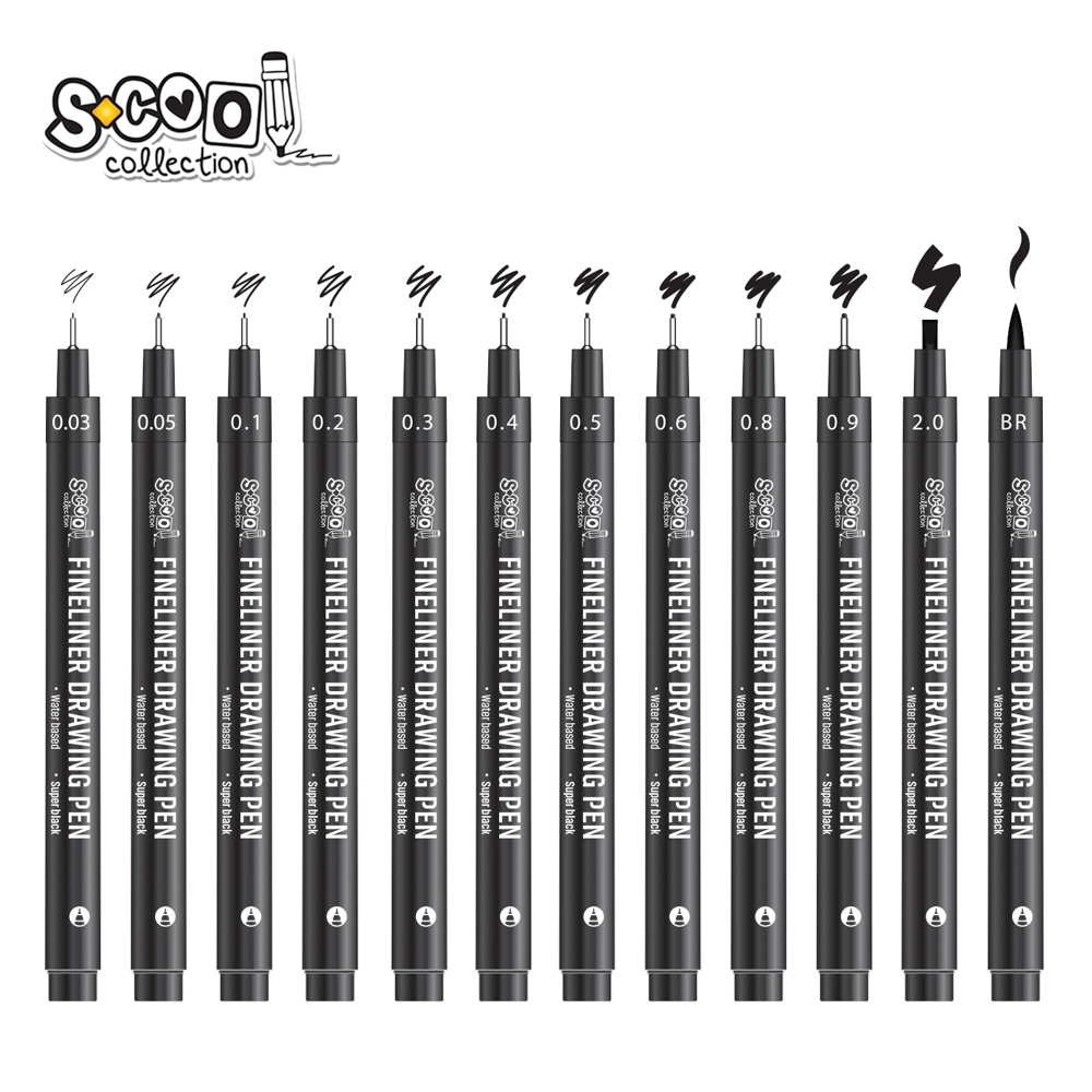 Fineliner, diferite dimensiuni 0.03-2 mm + varf tip pensula, 12 buc/set - S-COOL [2]